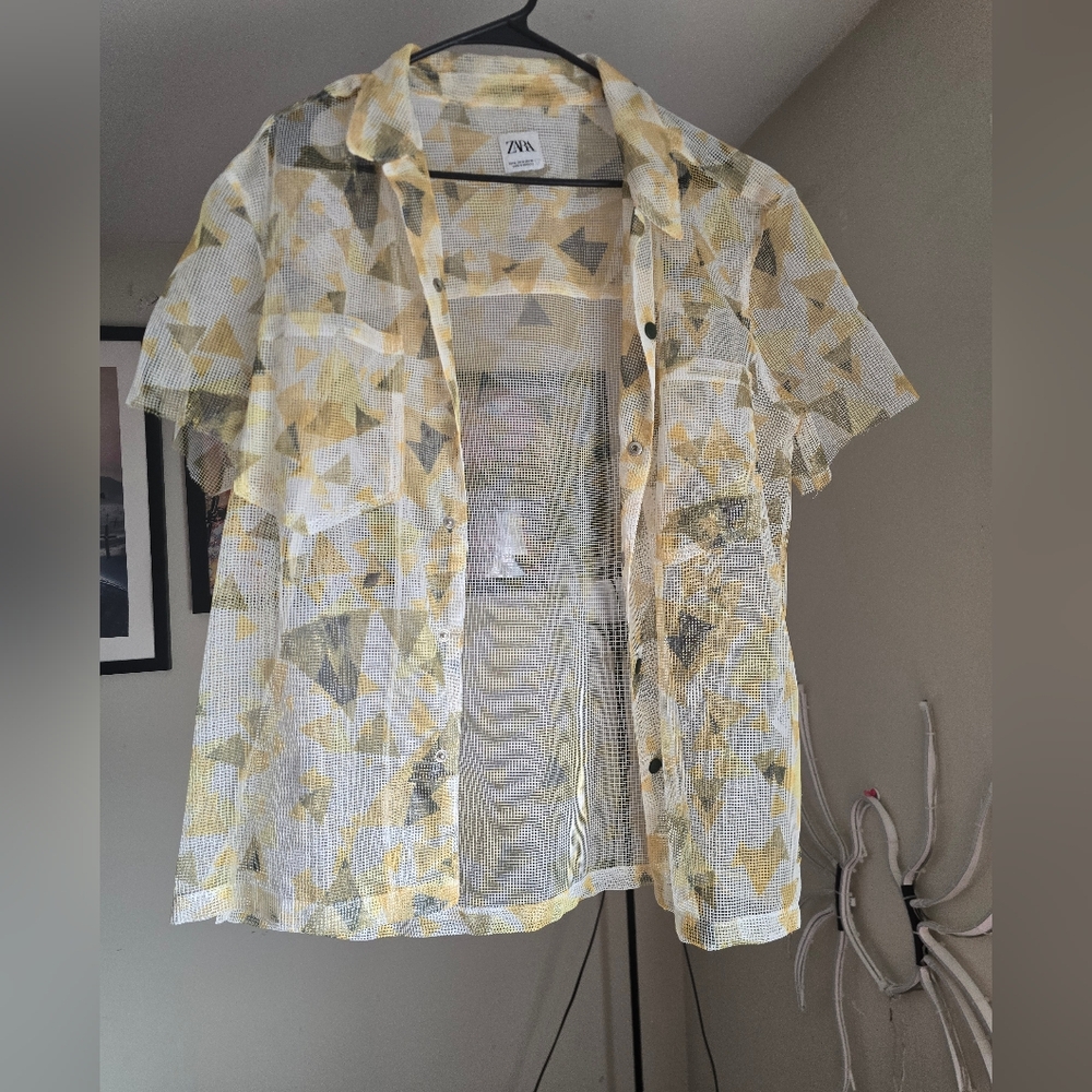 Zara Men's Casual Yellow and Gray Patterned Net See Through Shirt